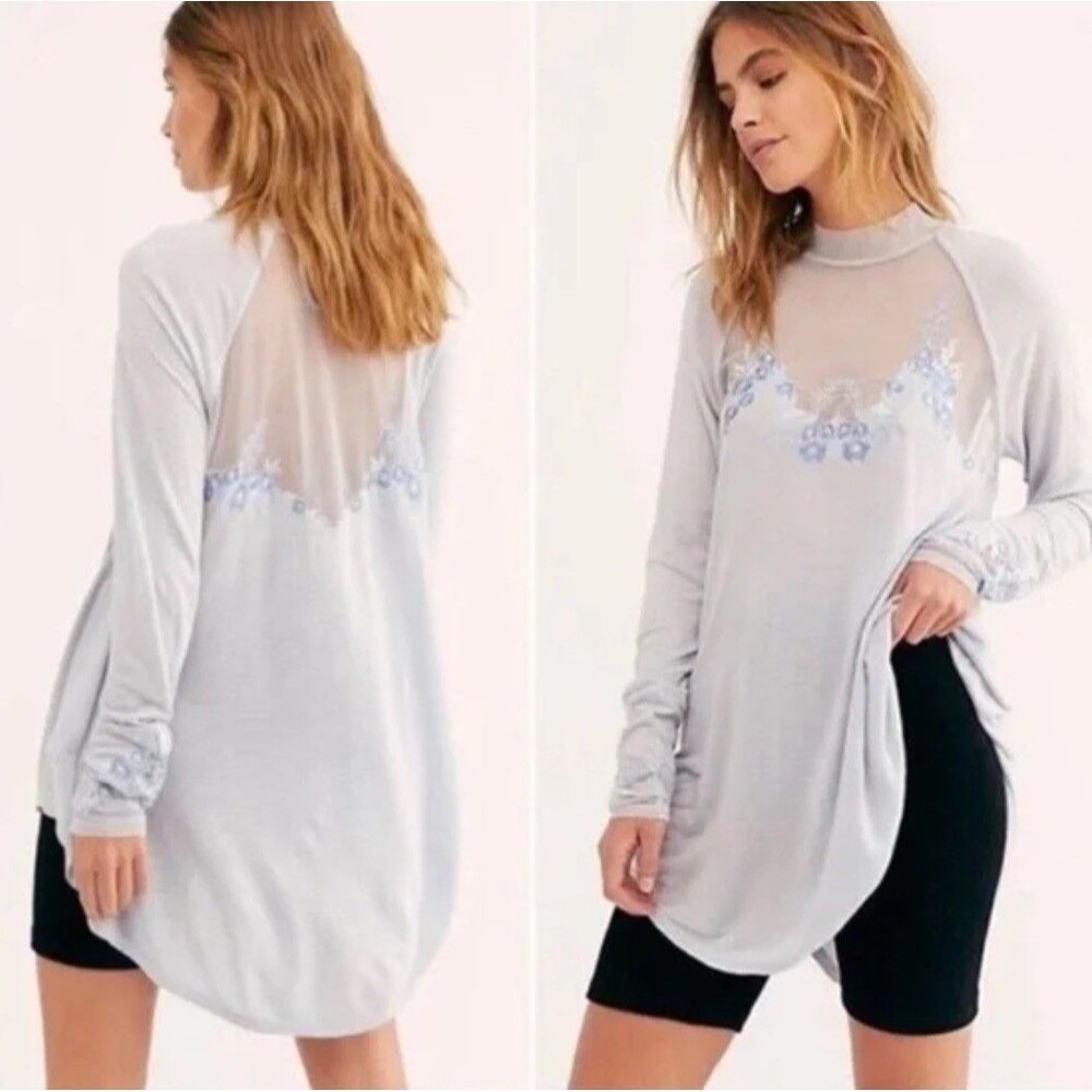 Free People Saheli Top Glacier Ice Lace Embroidered Long Sleeve Tunic Size S